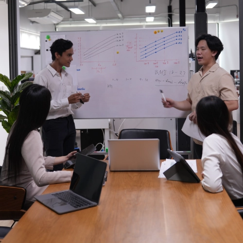 Modern office meeting around white board